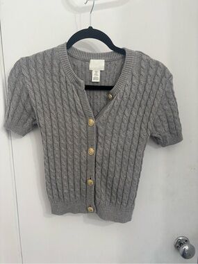 H&M Gray Cable Knit Short Sleeve Cardigan with Gold Buttons